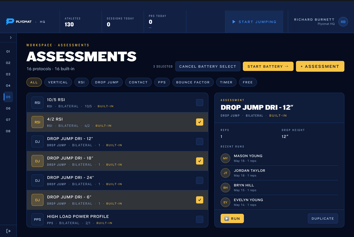 Plyomat assessments page with built-in and custom protocols