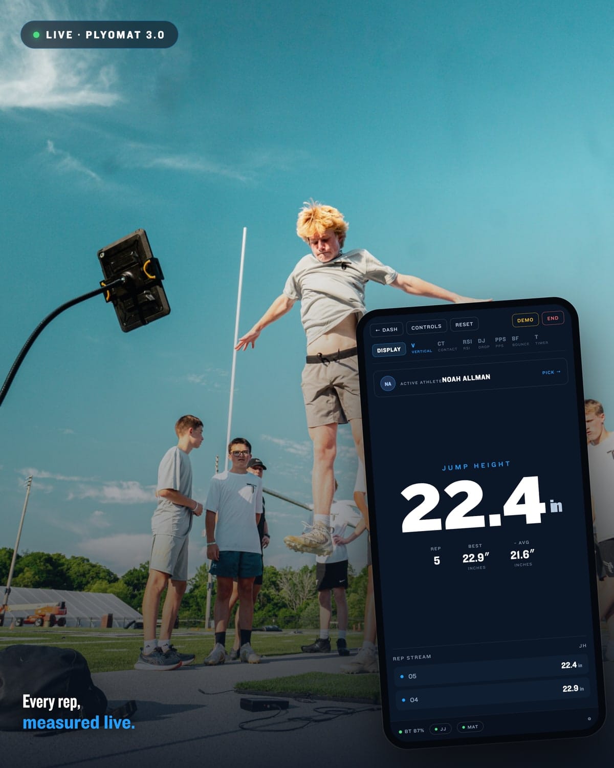 Athlete mid-jump with the Plyomat 3.0 app showing a live 10.5-inch jump height and rep stream